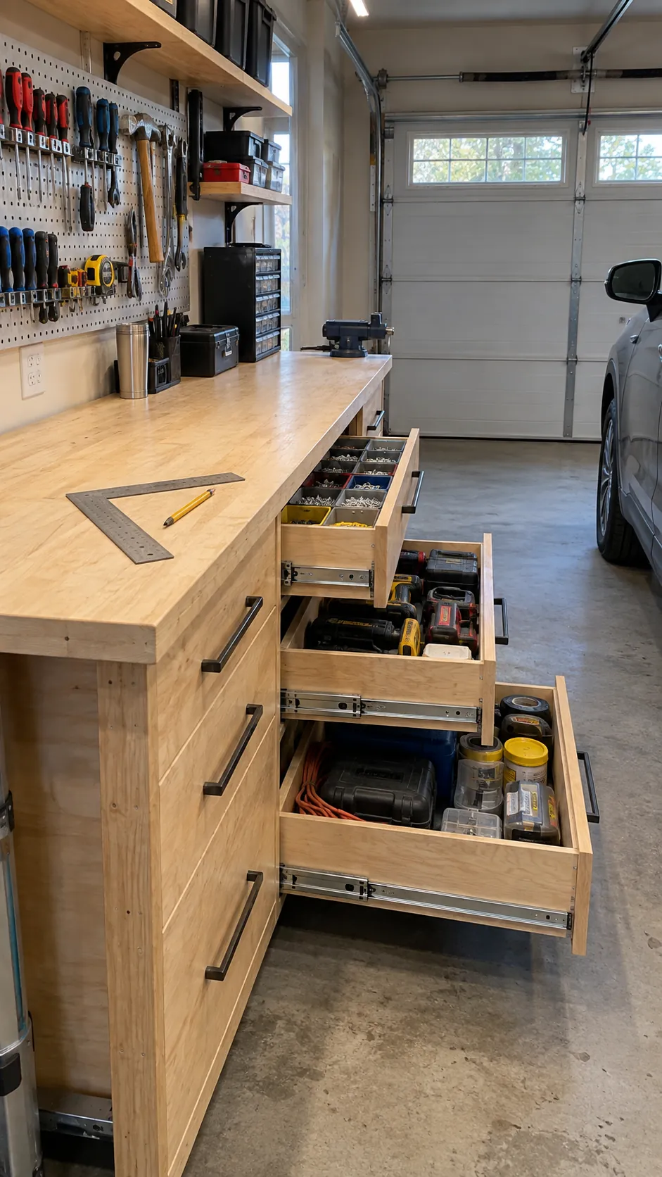 Workbench With Drawers Below in an organized home garage