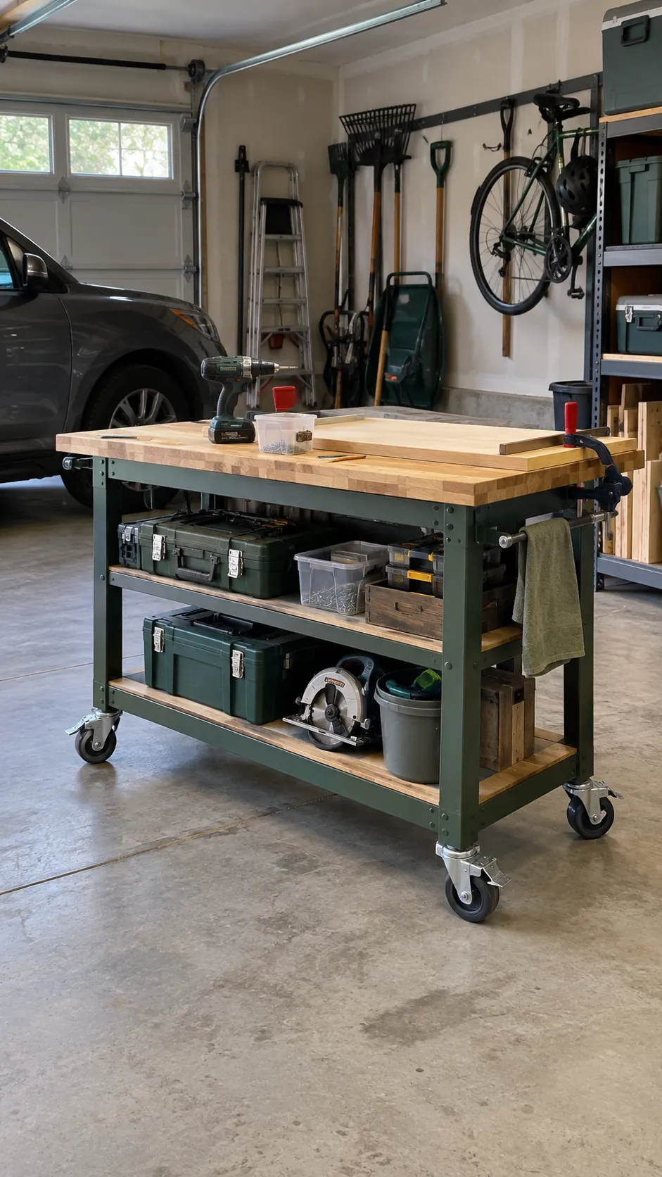 Mobile Workbench on Locking Casters in an organized home garage
