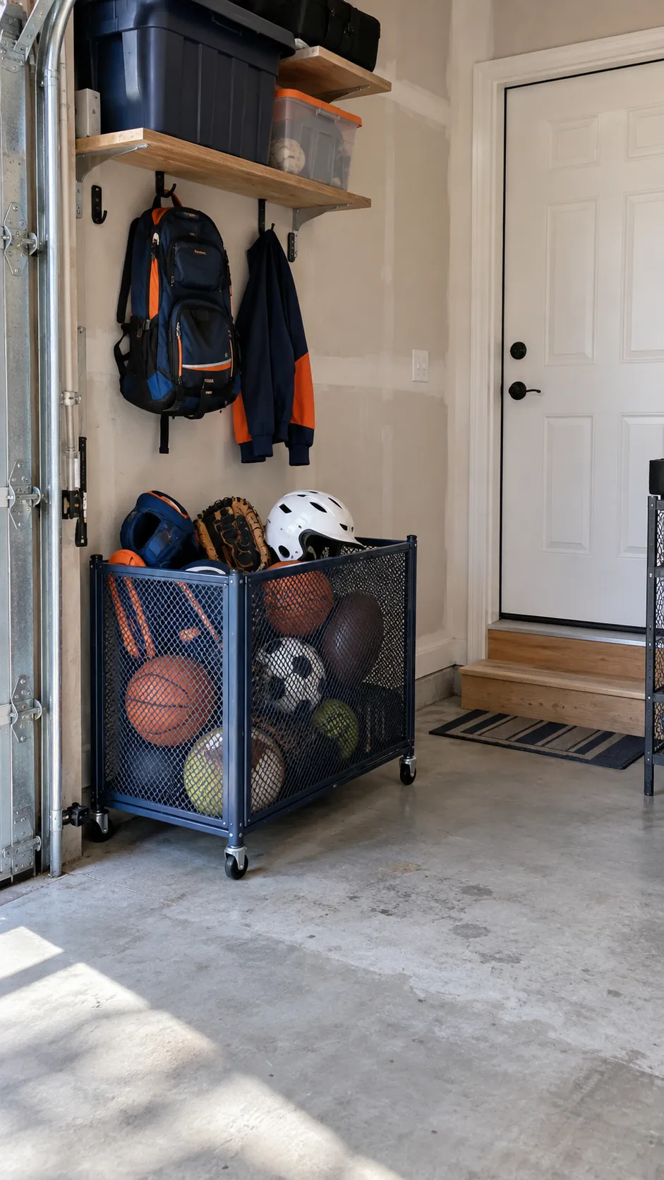 Open Bin for Sports Equipment in an organized home garage