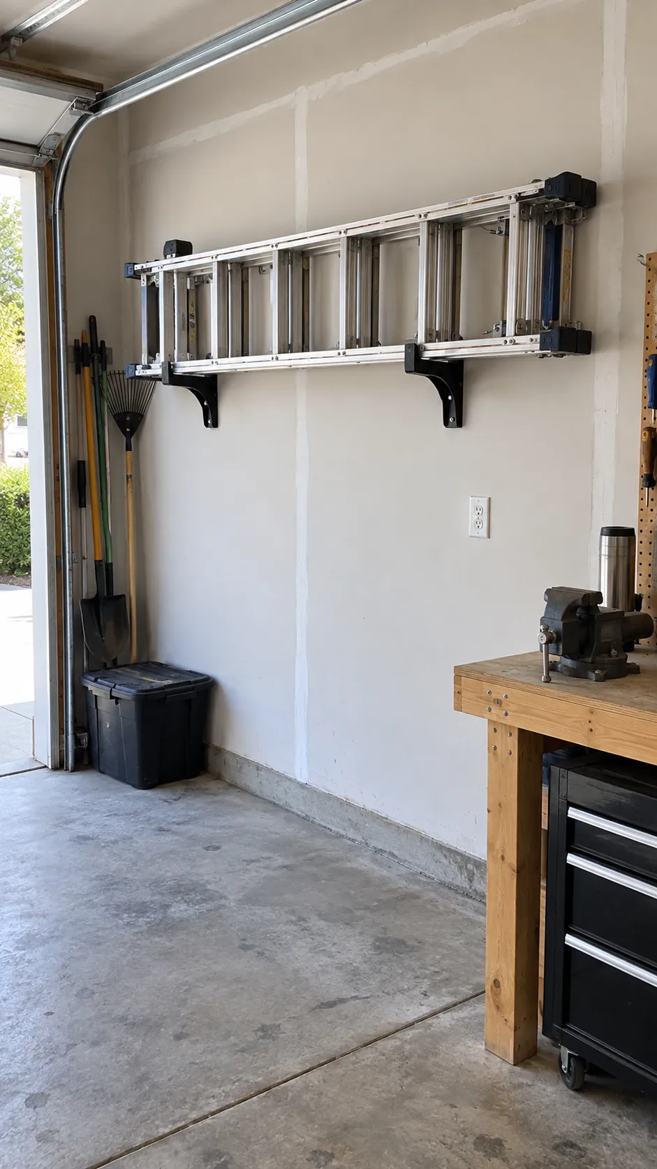 Wall Brackets for a Folding Ladder in an organized home garage