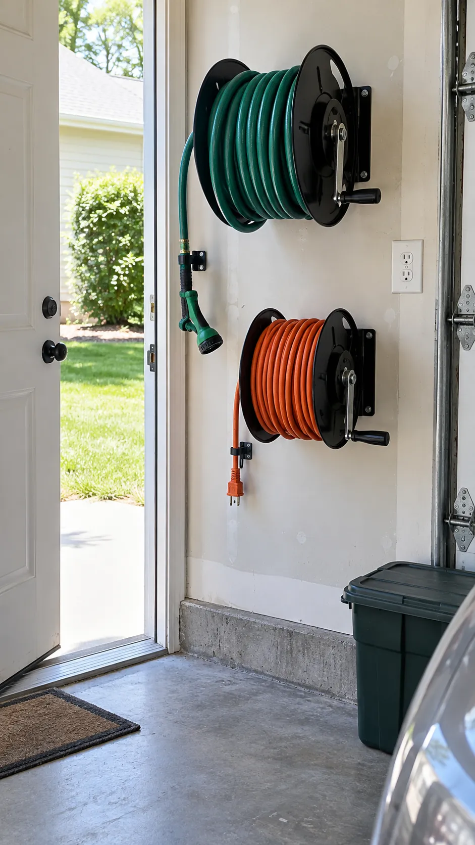 Cord and Hose Reels in an organized home garage