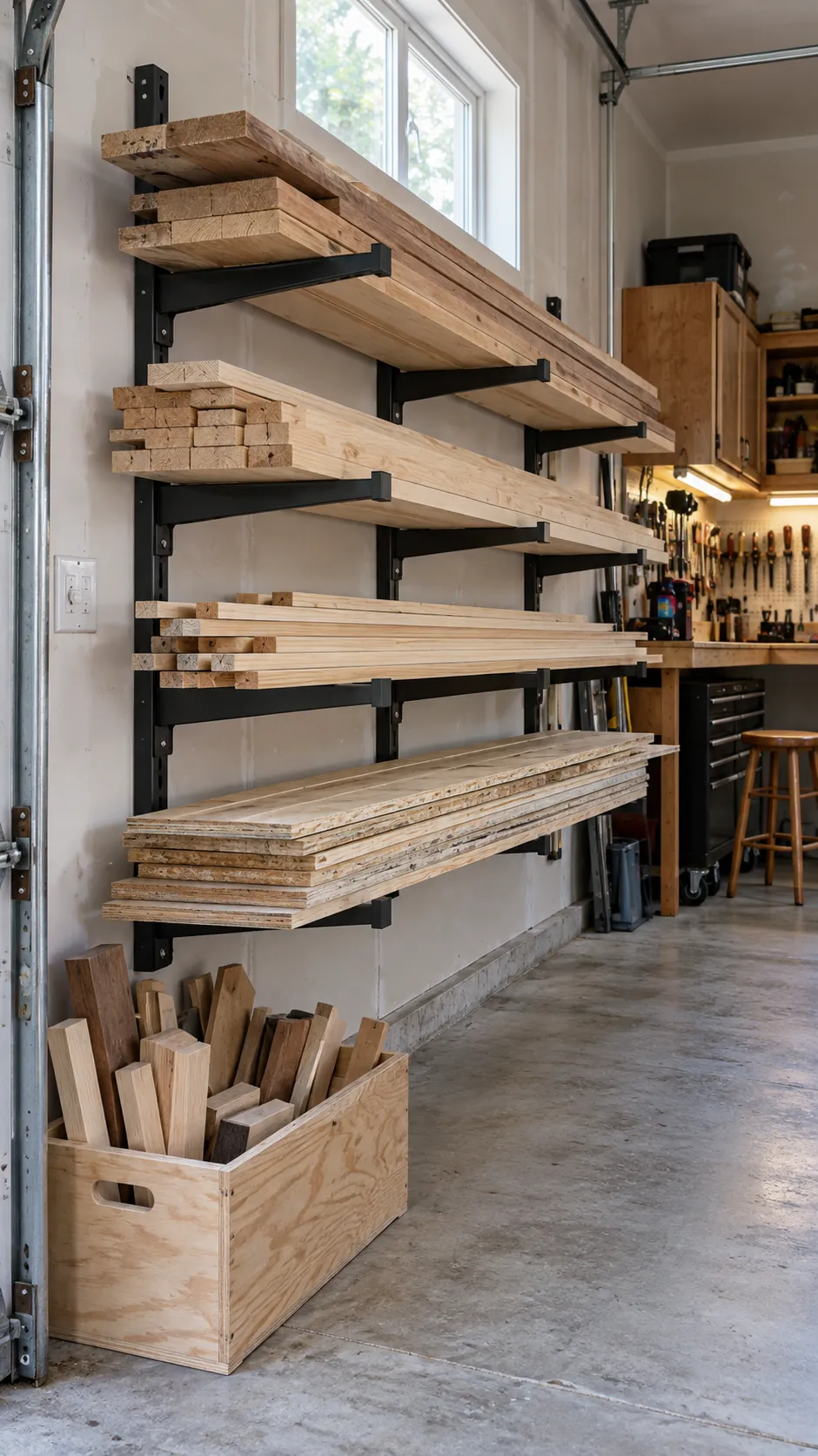 Horizontal Lumber Rack in an organized home garage