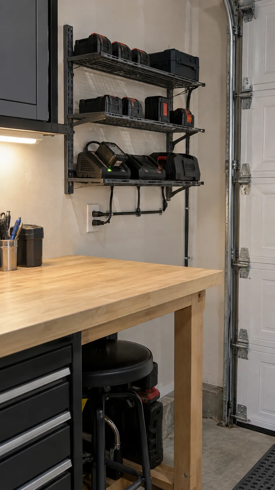 Charging Shelf for Battery Tools in an organized home garage