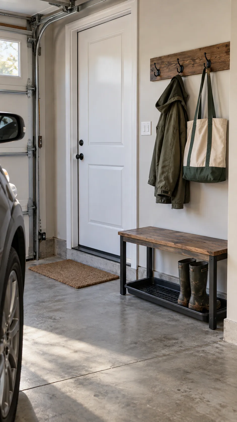 Garage Mudroom Drop Zone in an organized home garage