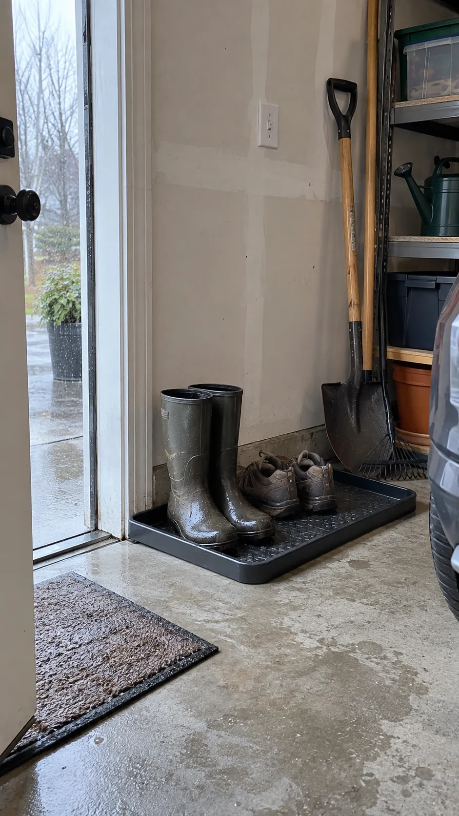Boot Tray for Wet Footwear in an organized home garage