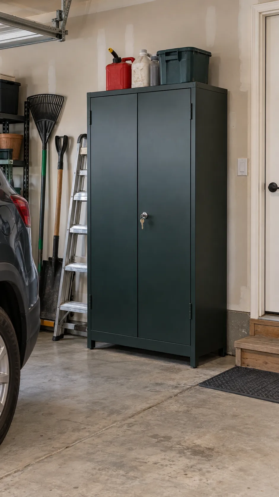 Lockable Cabinet for Hazardous Products in an organized home garage