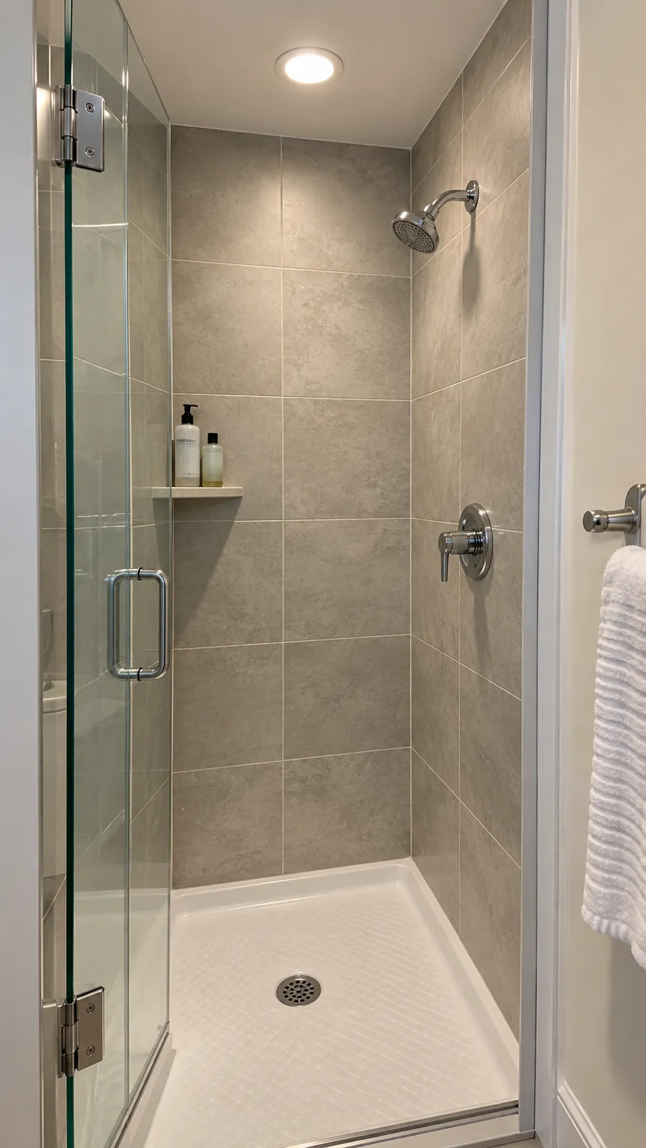 Recessed light illuminating a compact tiled shower