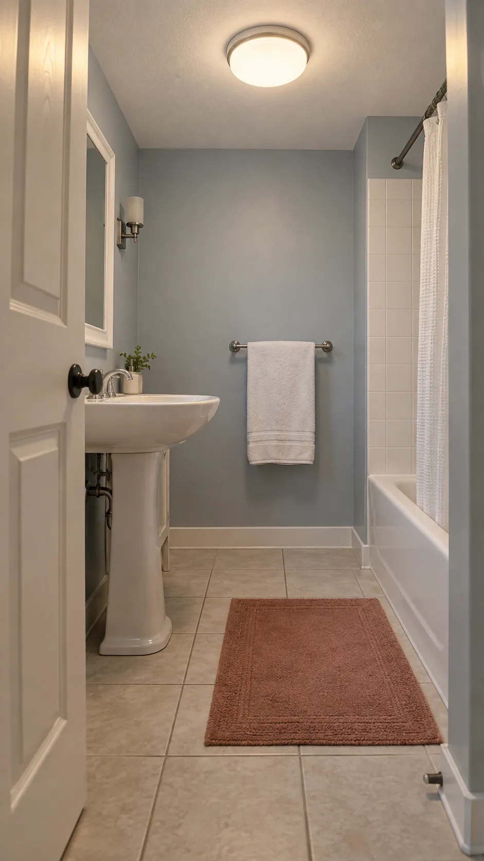 Soft ceiling lighting filling a compact bathroom