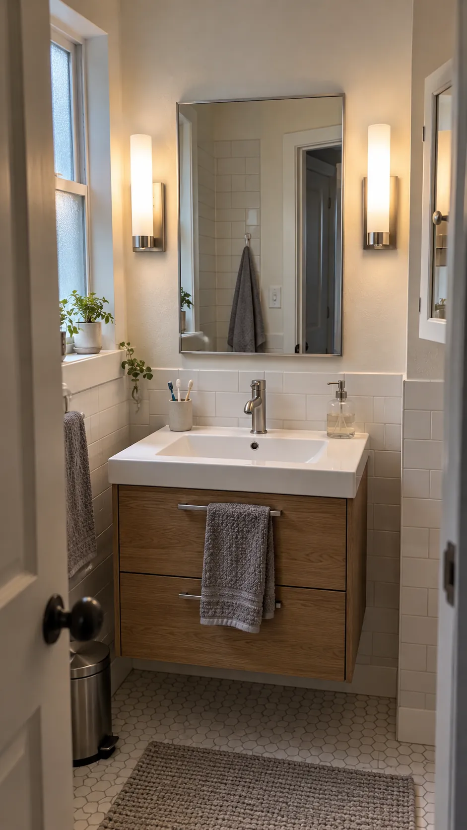 Small bathroom mirror lit by paired diffused wall sconces