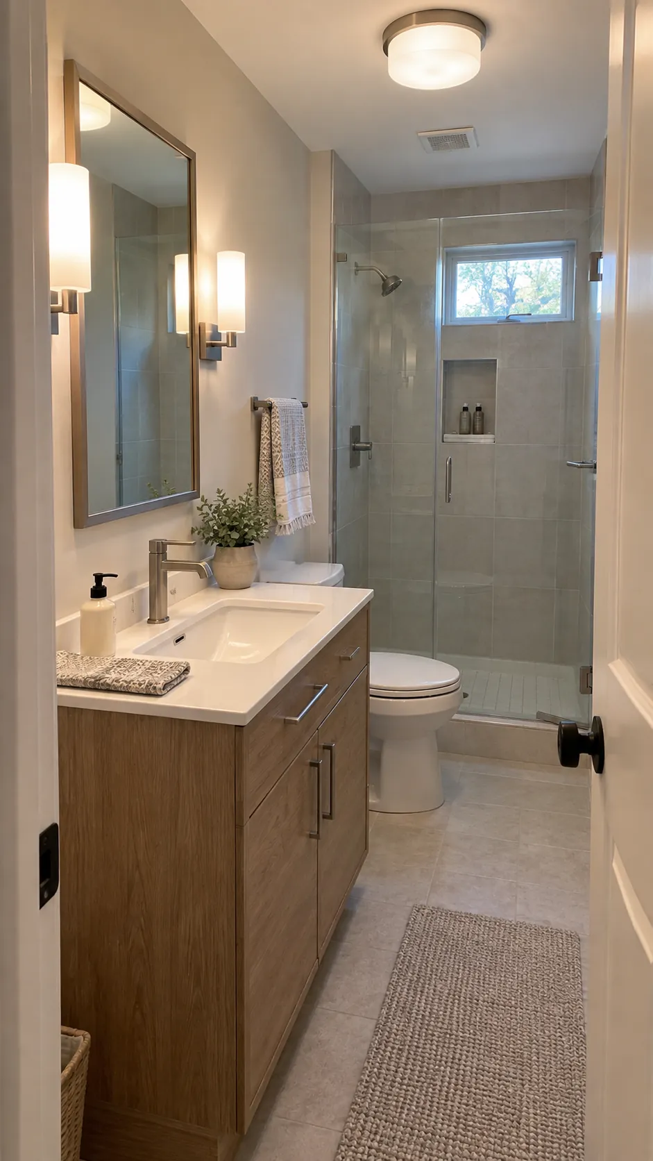 Well lit small bathroom with vanity and ceiling lights