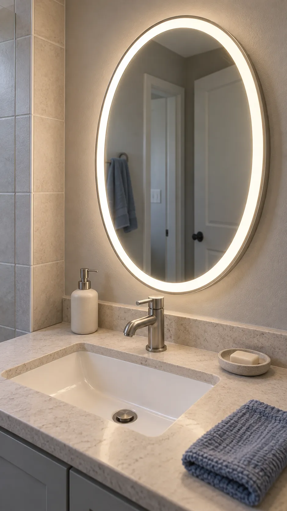 Diffused illuminated mirror without harsh glare