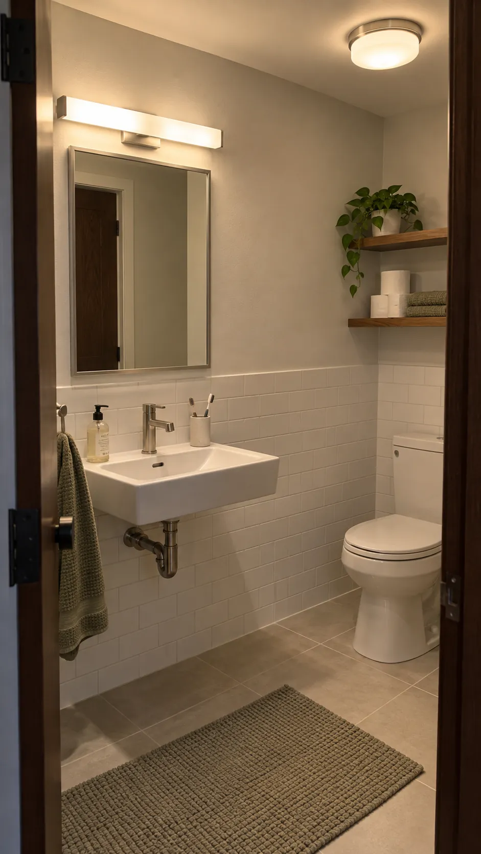 Layered lighting in a windowless small bathroom
