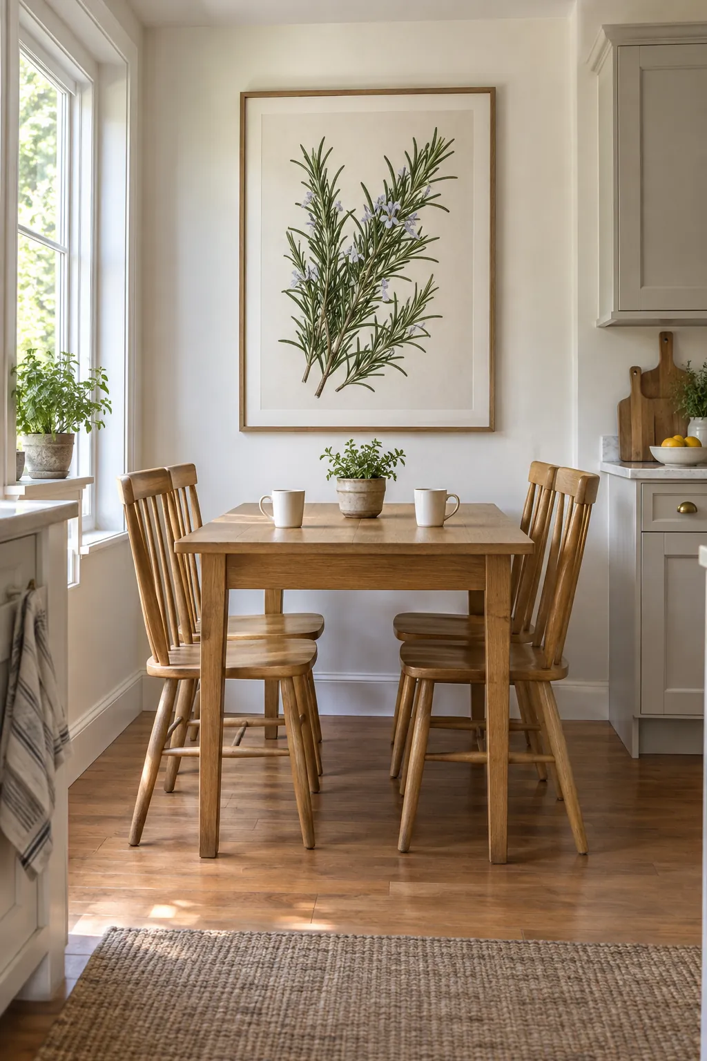 Botanical wall art centered above a kitchen dining table