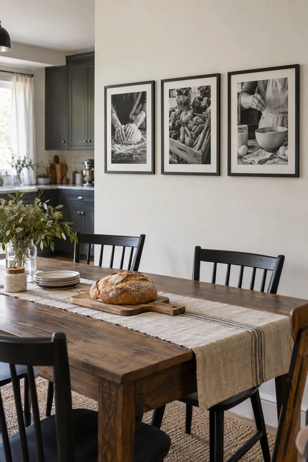 Three Framed Food Photographs above a kitchen dining table