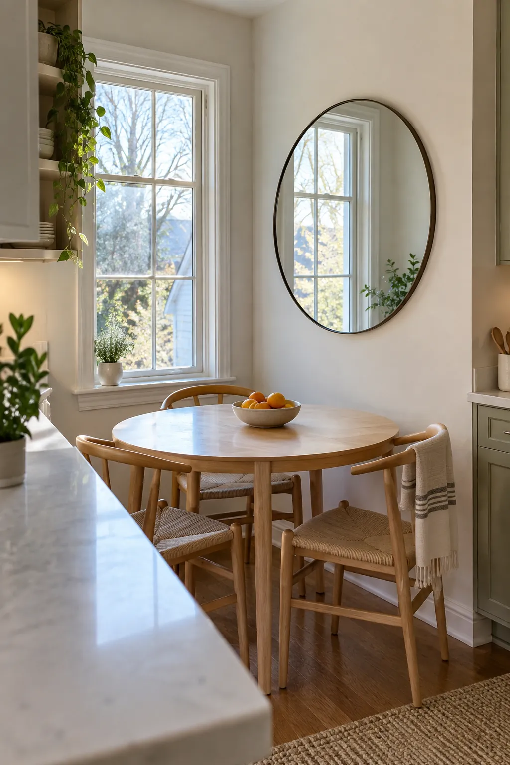 Round Mirror With a Slim Frame above a kitchen dining table