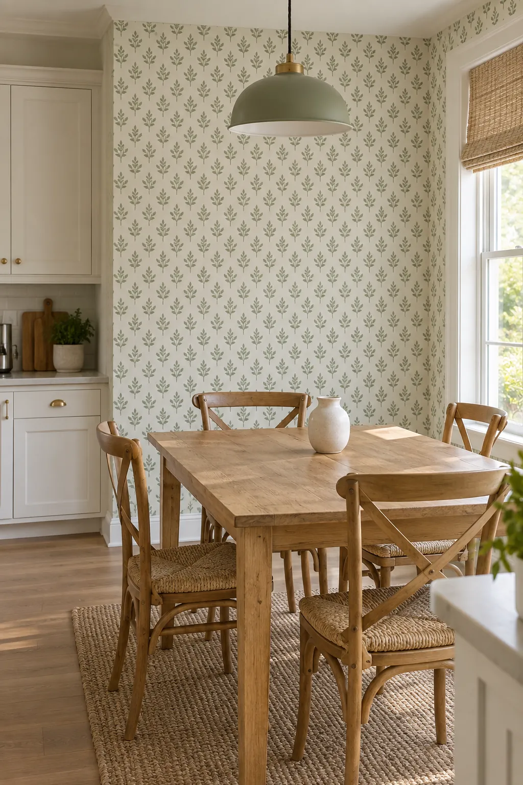 Washable Block Print Wallpaper above a kitchen dining table