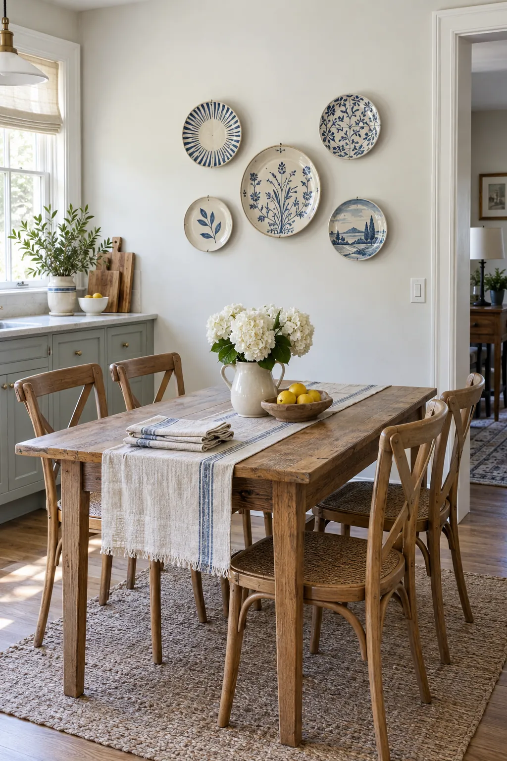 Collected Ceramic Plates above a kitchen dining table