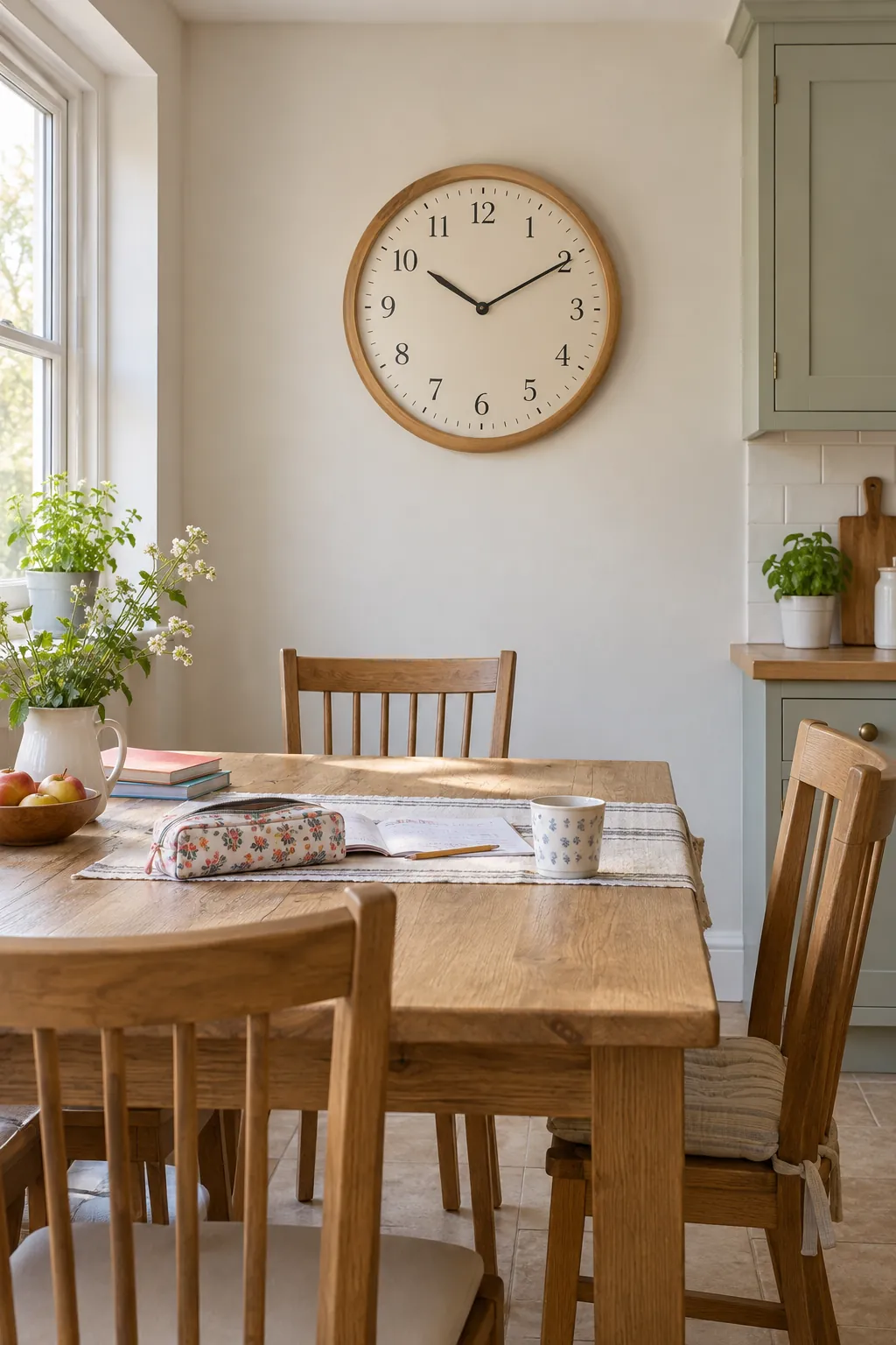 Quiet Wall Clock above a kitchen dining table