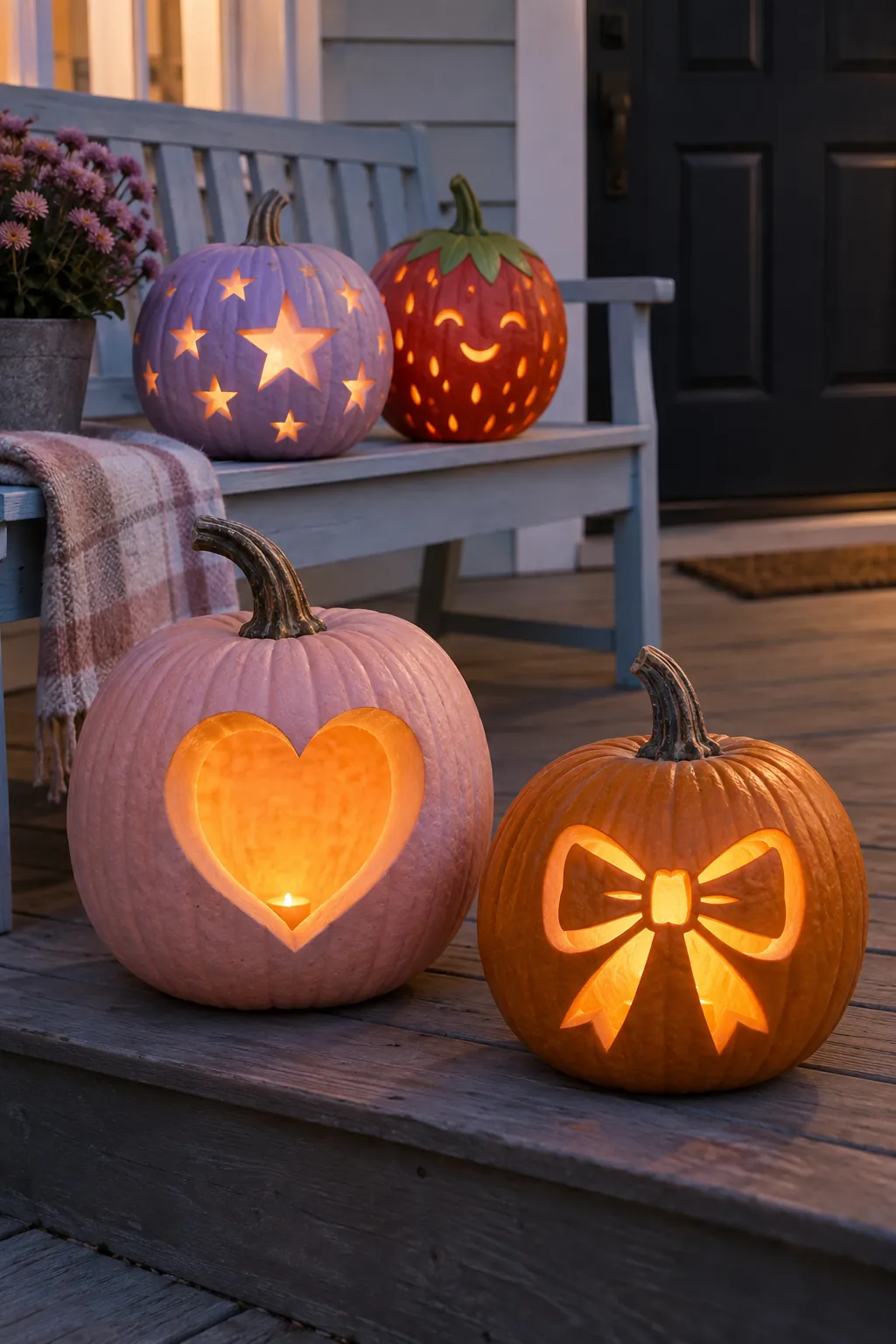 Colorful girly carved pumpkins with hearts, bows, stars and strawberry details