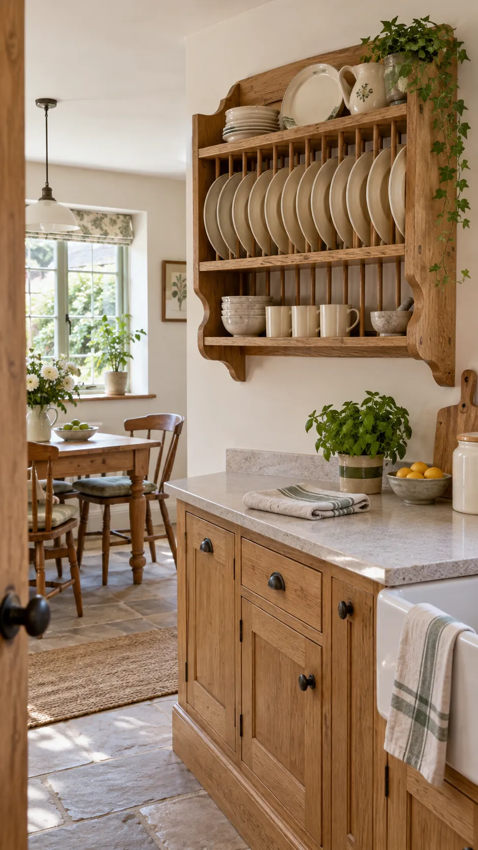 Country kitchen wall with oak plate rack and everyday dishes