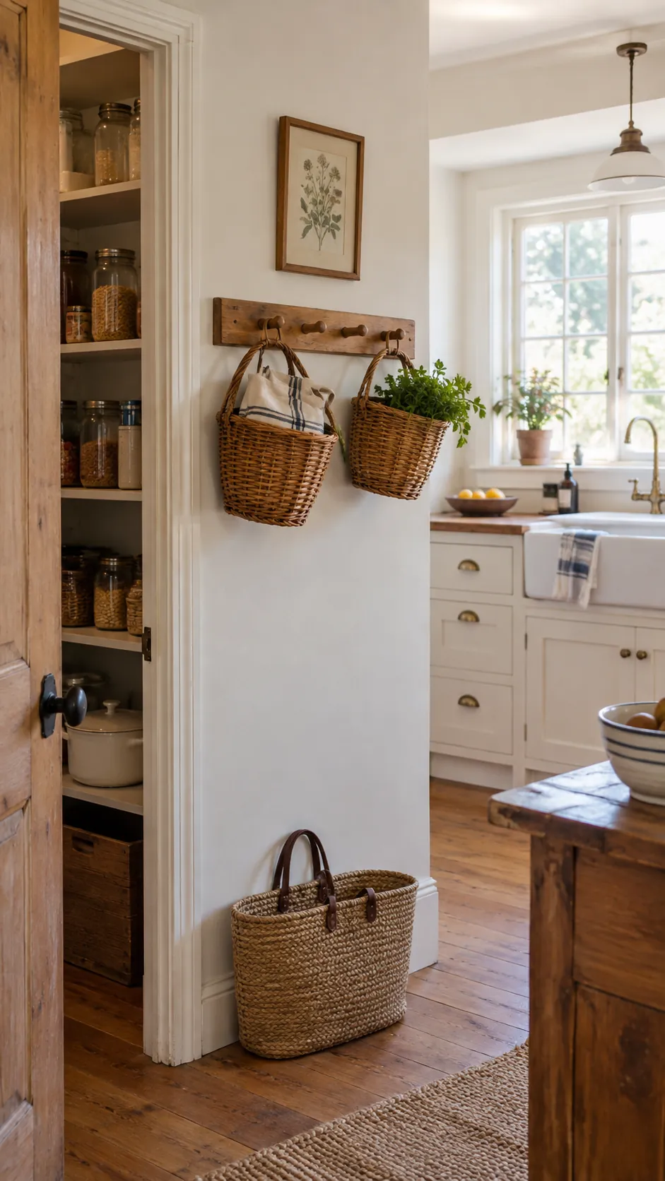 Peg Rail With Market Baskets in a country kitchen