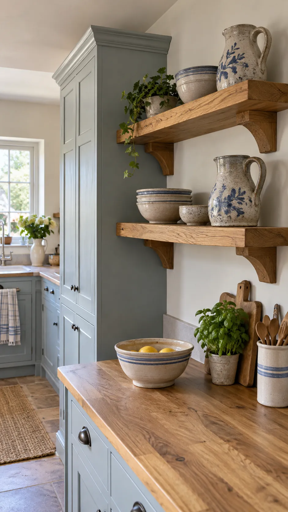 Oak Shelves With Stoneware in a country kitchen
