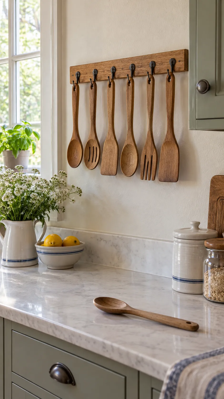 Wooden Utensil Rack in a country kitchen