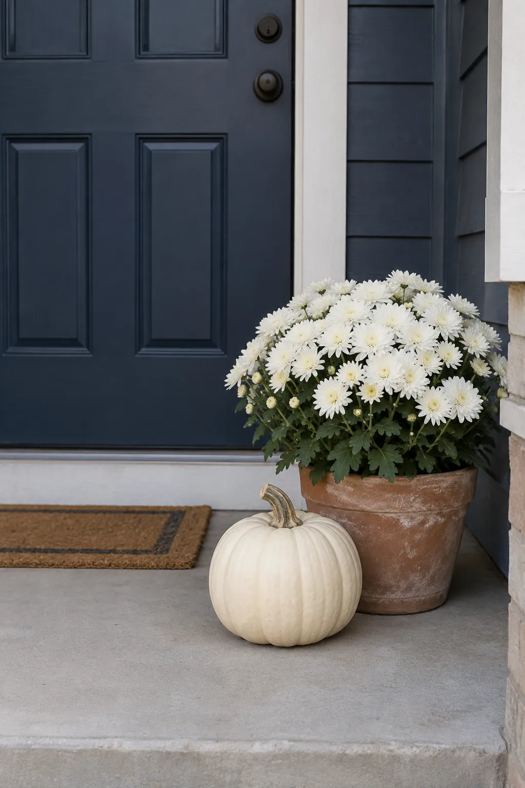 A Quiet Pair Beside the Door white pumpkin and mum porch display