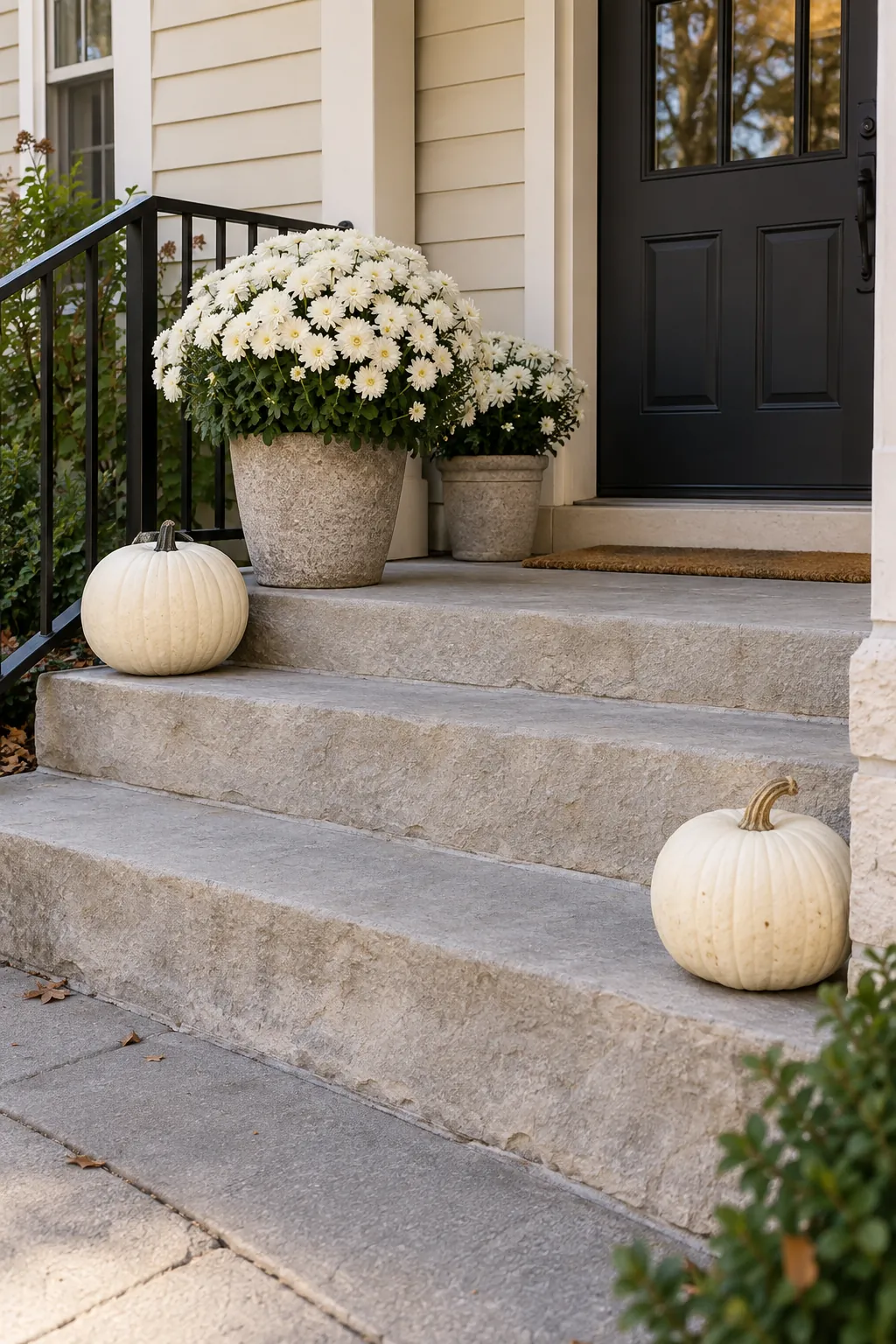 Layered Front Steps white pumpkin and mum porch display