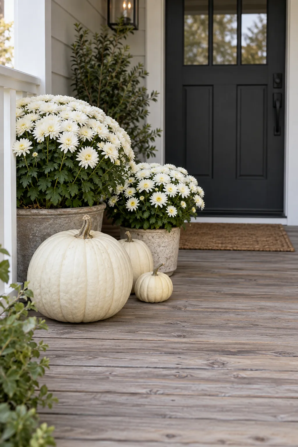 White pumpkins and potted white mums on a soft neutral fall porch