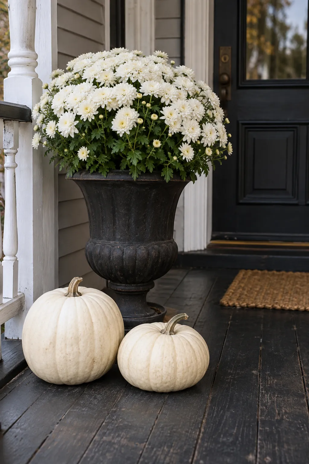 Tall Urn and Low Pumpkin white pumpkin and mum porch display