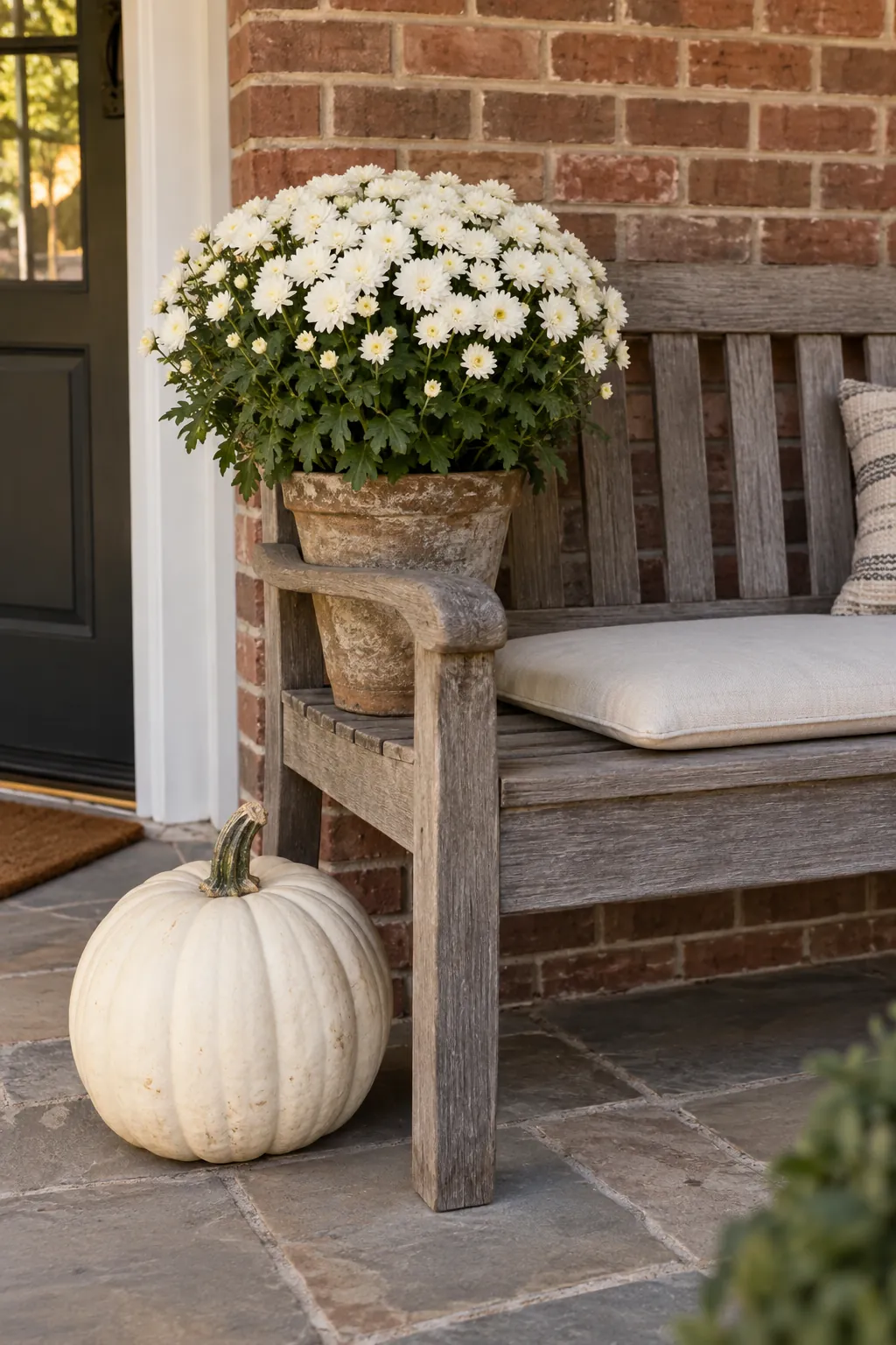 Bench End Arrangement white pumpkin and mum porch display