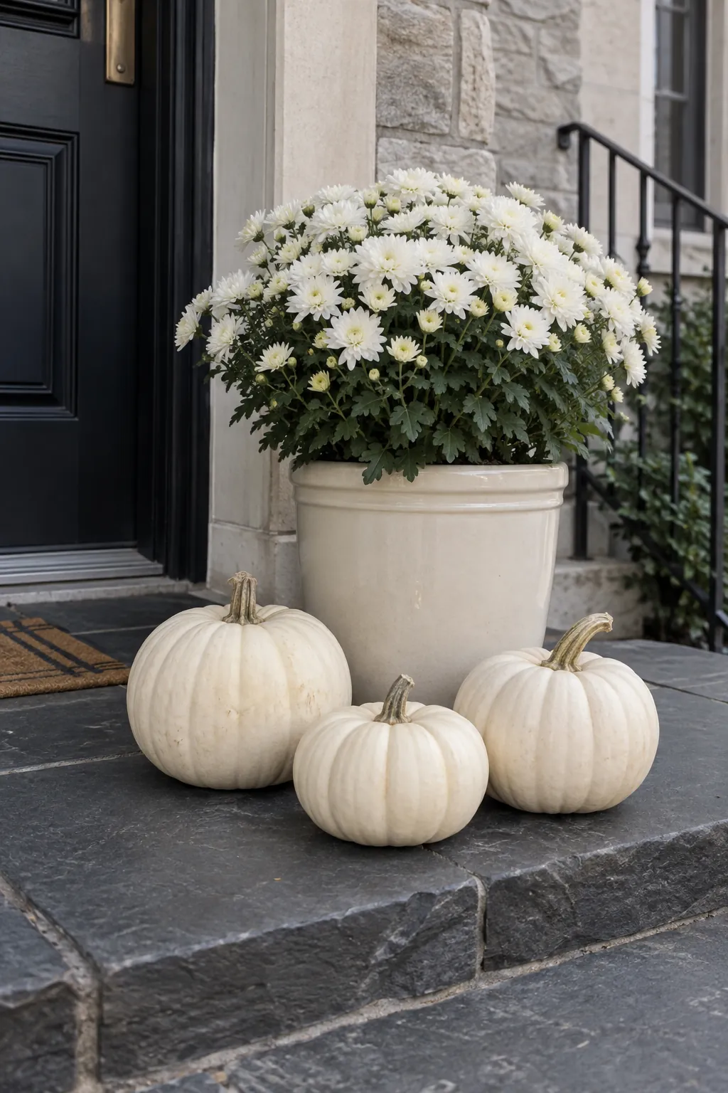 Cream Pot on Dark Stone white pumpkin and mum porch display