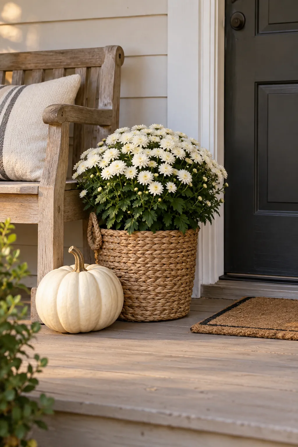 Woven Basket With Hidden Pot white pumpkin and mum porch display