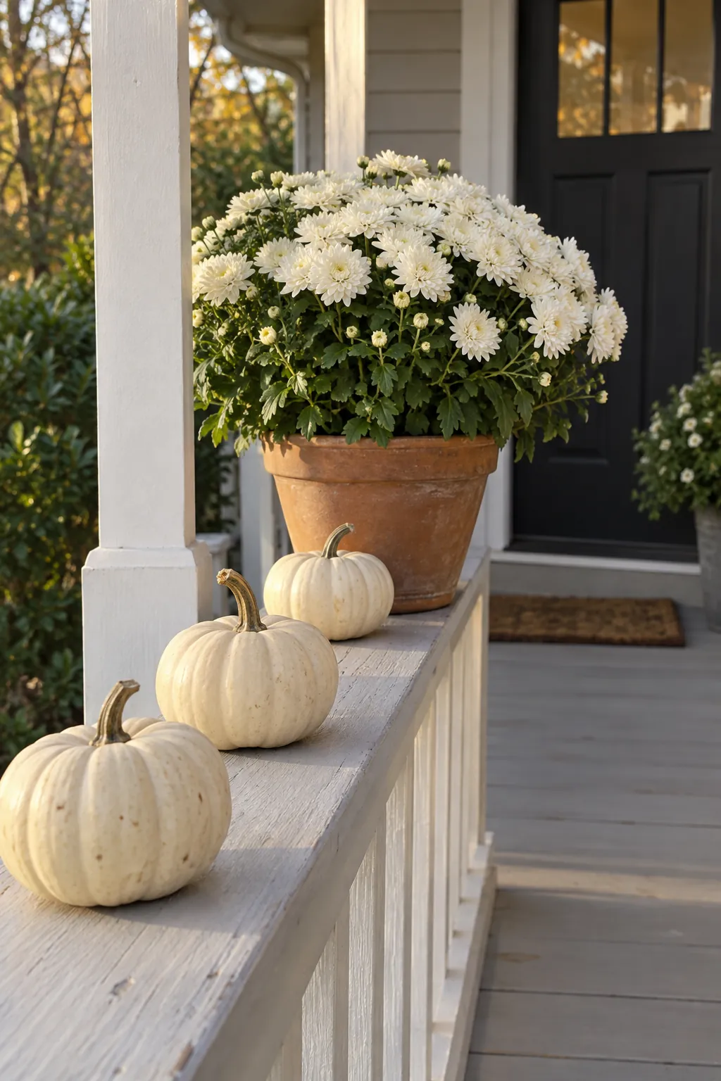 Mini Pumpkins Along a Railing white pumpkin and mum porch display
