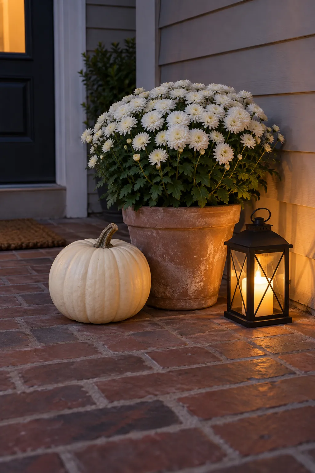 Mum Pot and Lantern Triangle white pumpkin and mum porch display