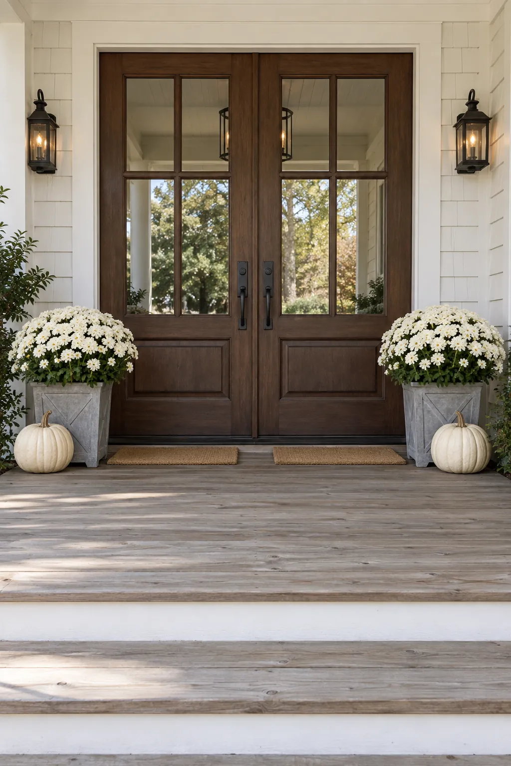 Symmetrical Doorway Planters white pumpkin and mum porch display