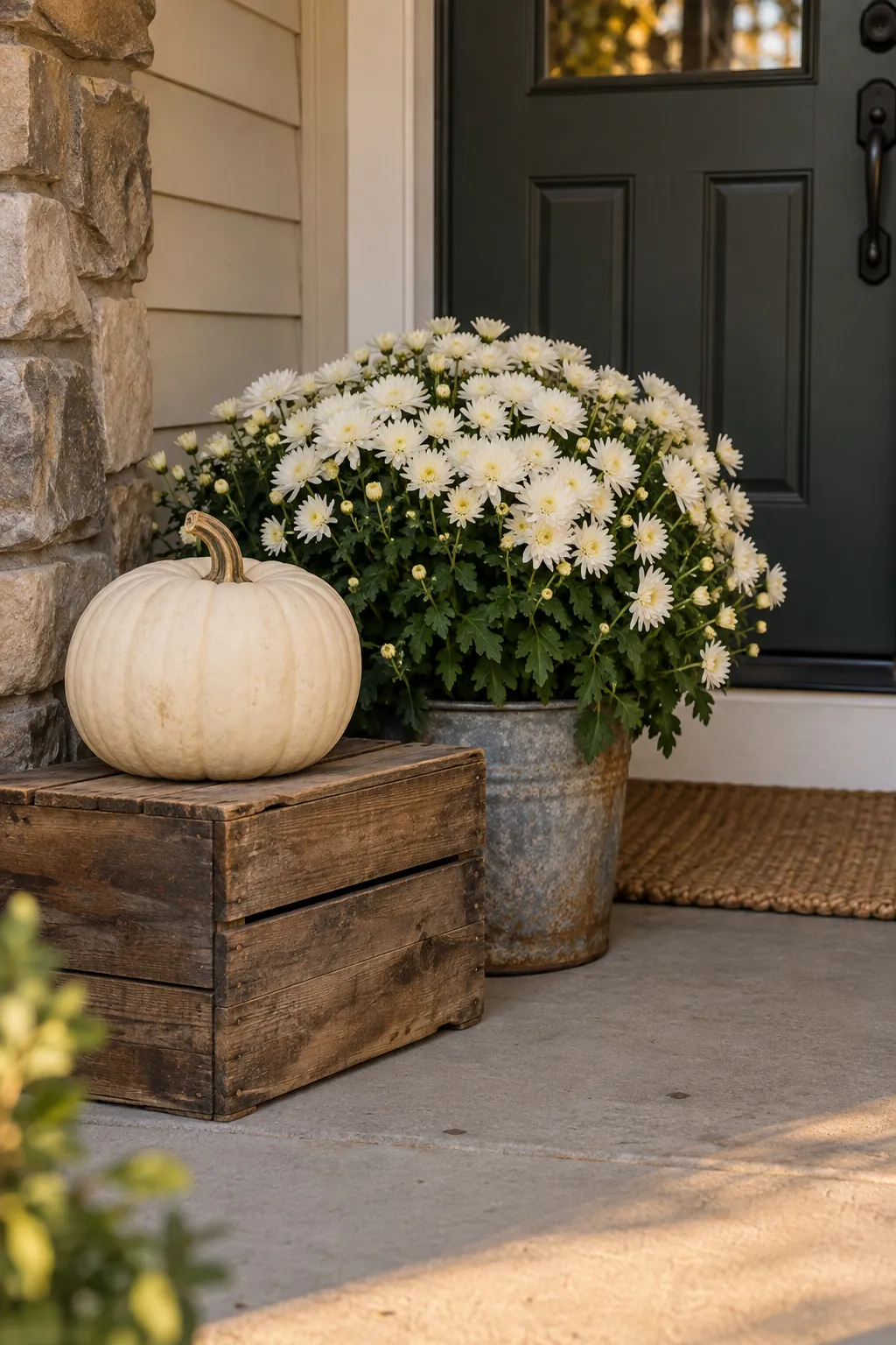 White Pumpkin on a Wood Crate white pumpkin and mum porch display