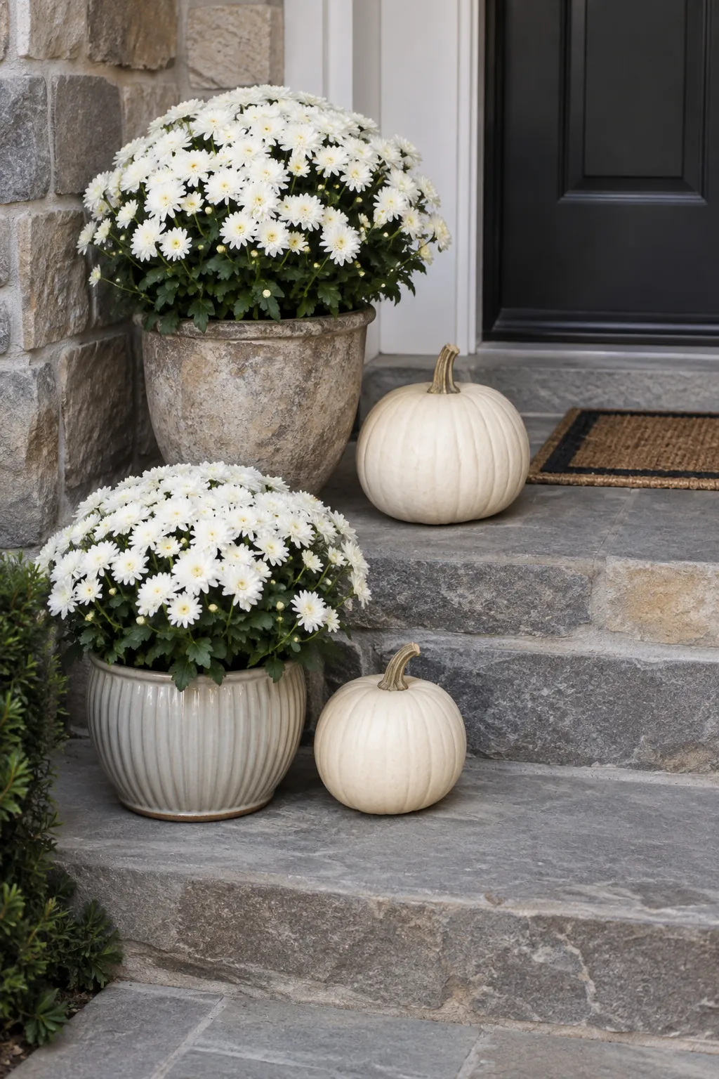 Grouped Planters at Different Heights white pumpkin and mum porch display
