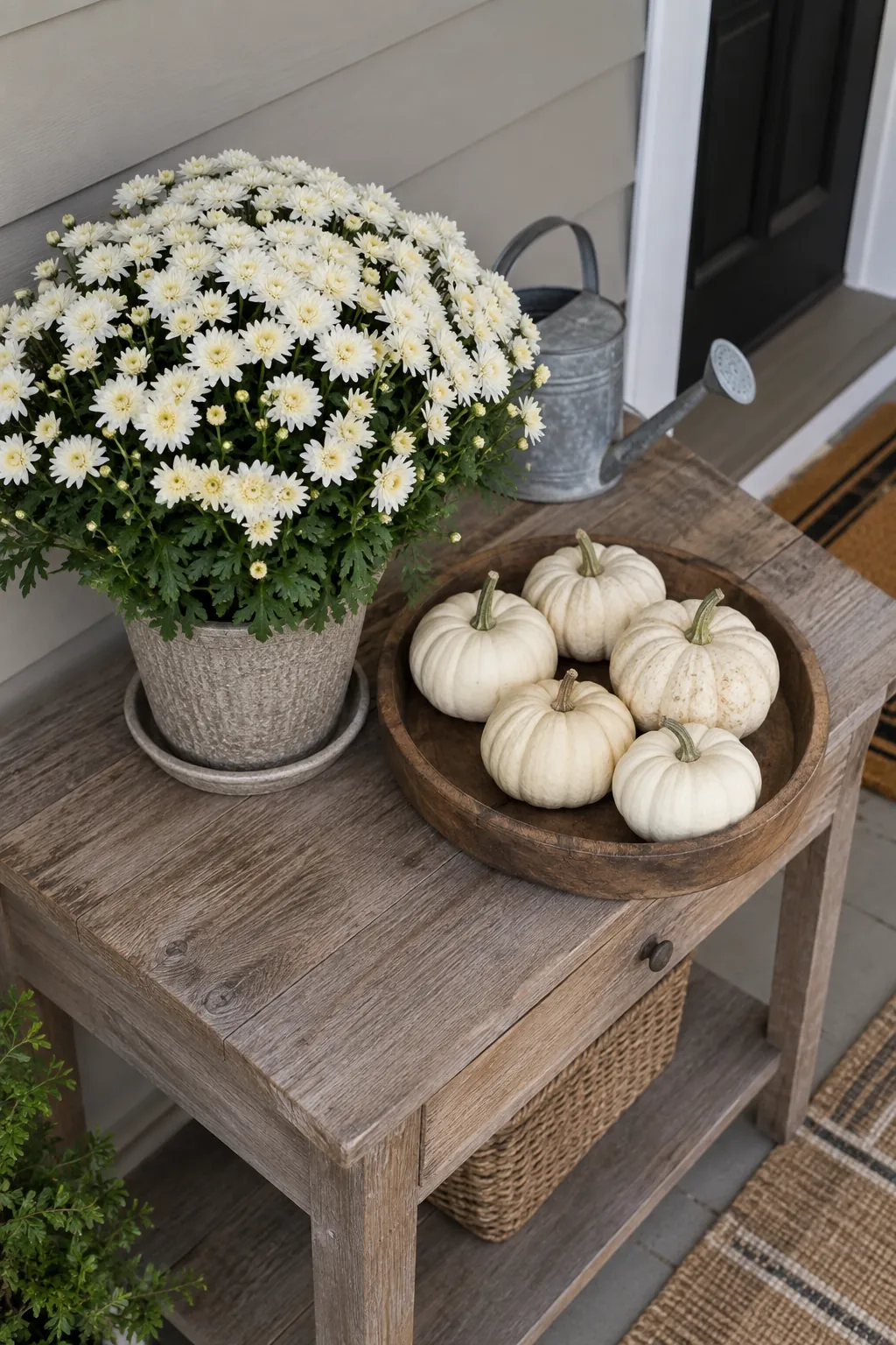 Low Tray for a Covered Porch white pumpkin and mum porch display