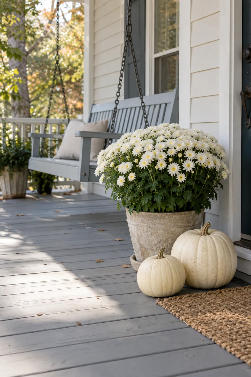 Porch Swing Corner white pumpkin and mum porch display