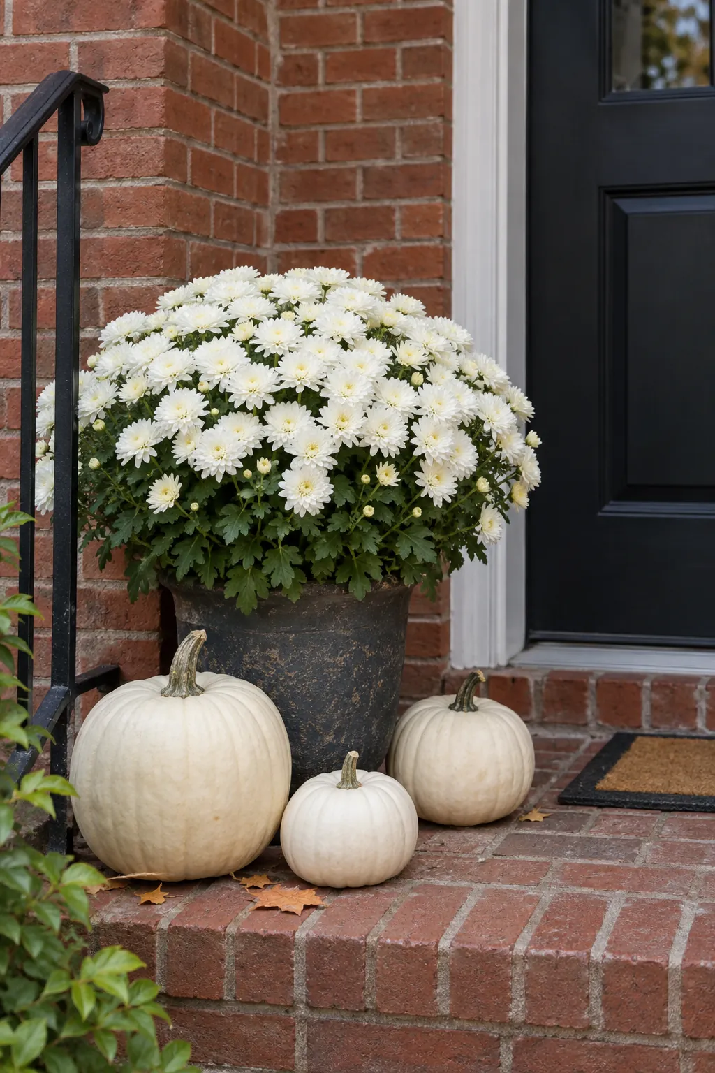 White Mums Against Red Brick white pumpkin and mum porch display