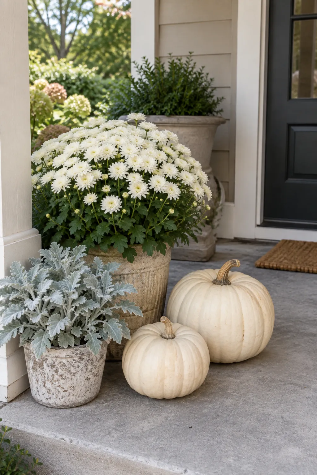 Pale Pumpkins With Silver Foliage white pumpkin and mum porch display