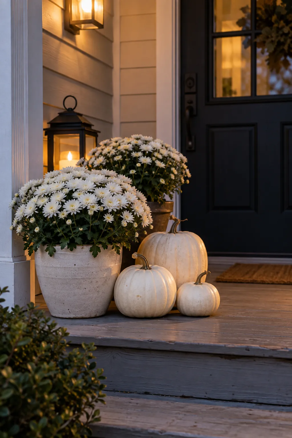 Evening Glow With Soft Neutrals white pumpkin and mum porch display