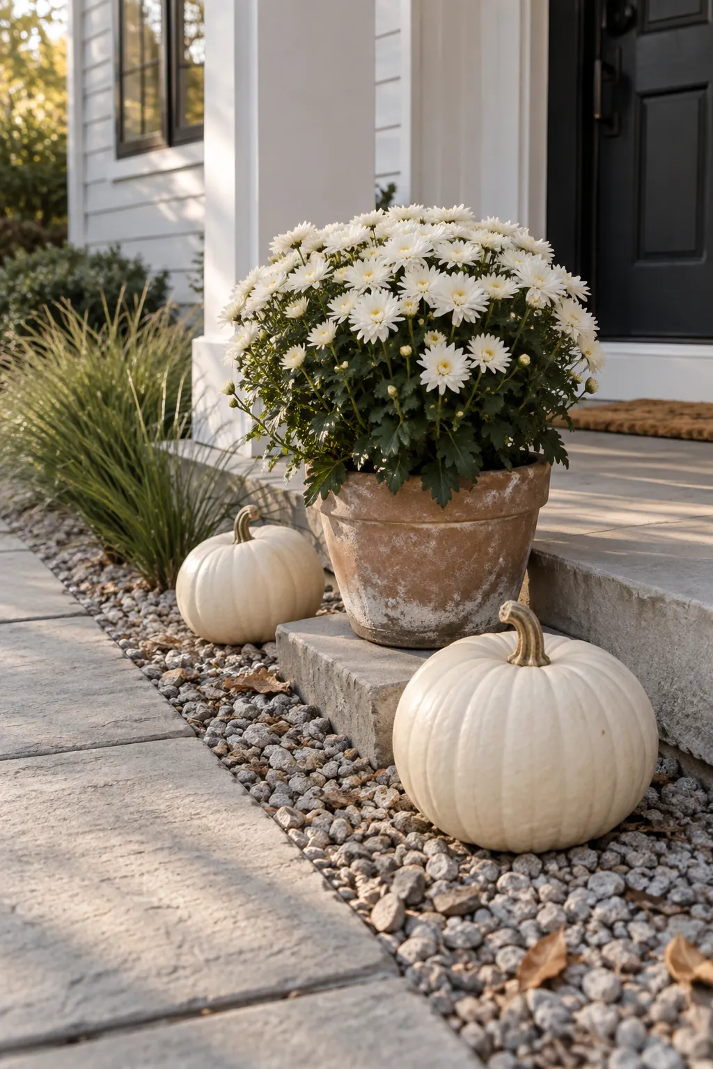 Gravel Bed Edge white pumpkin and mum porch display