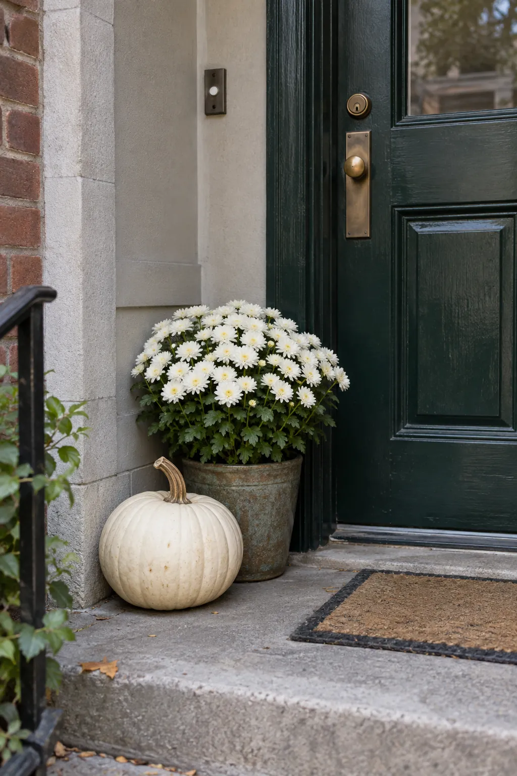 Narrow Stoop Corner white pumpkin and mum porch display