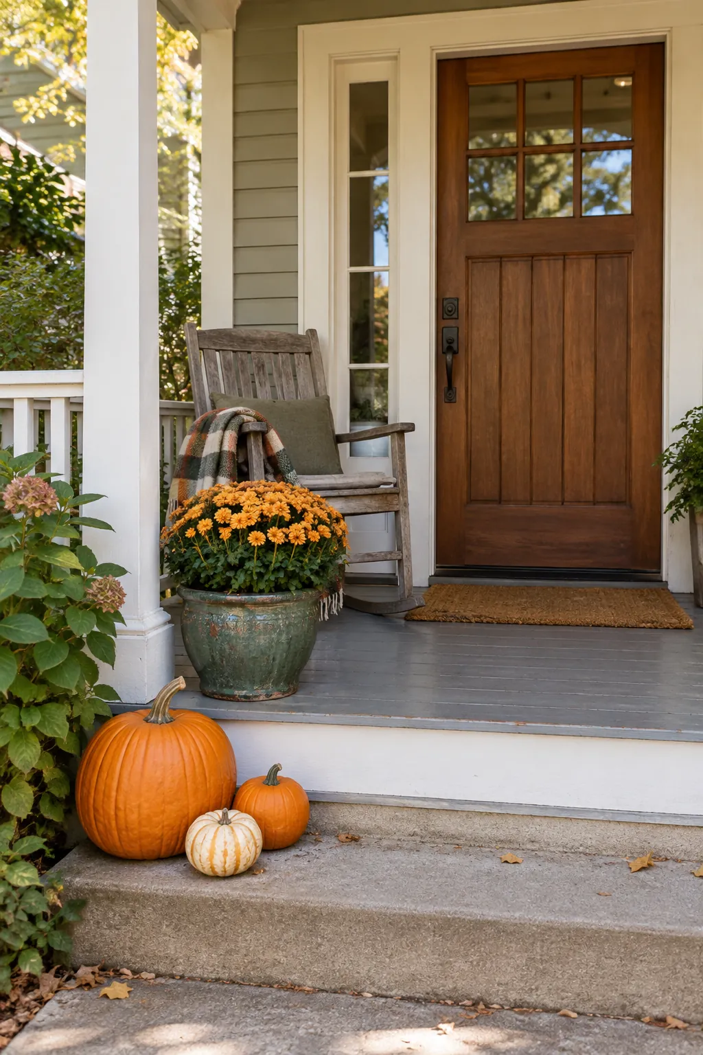 Budget fall porch decor using a reused chair and planter with mums and pumpkins