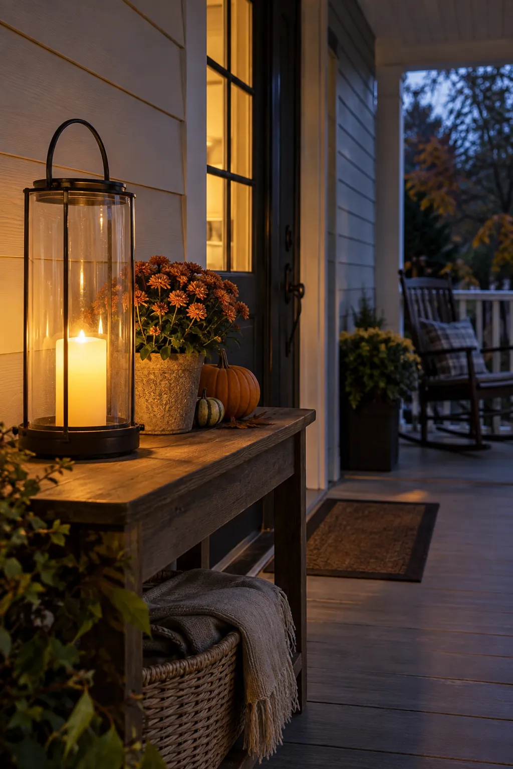 Battery Candles in a Hurricane Lantern fall porch lighting example