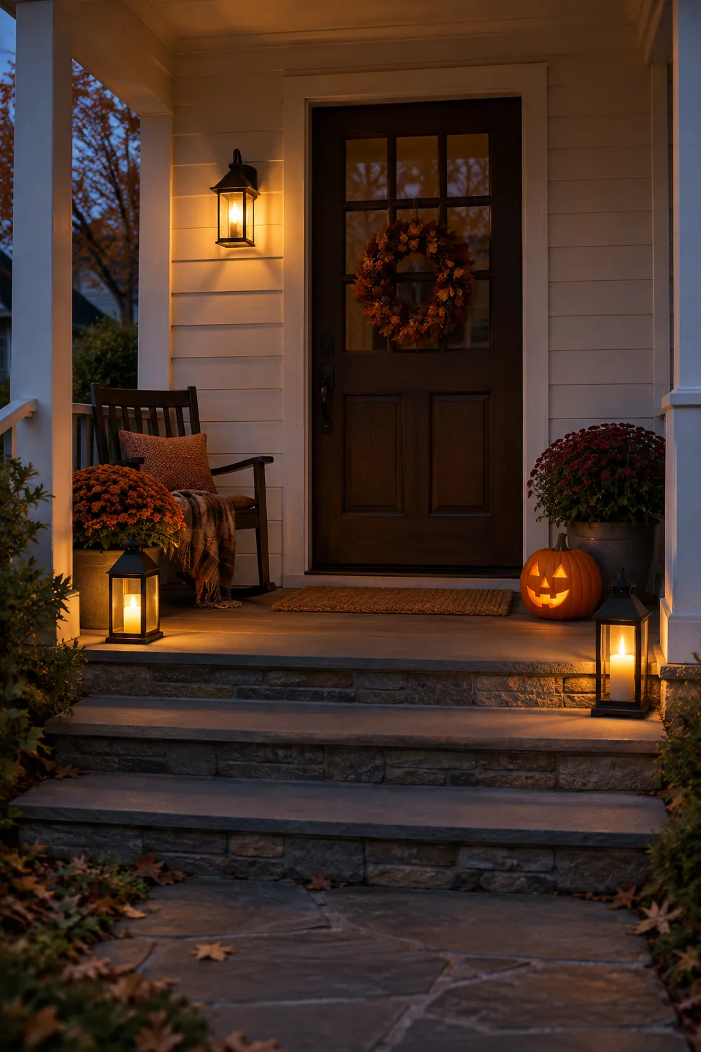 Warm porch sconce and battery lanterns lighting a fall entry at dusk