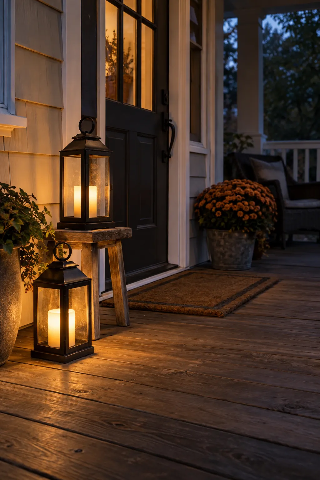 Lantern Pair Beside the Door fall porch lighting example